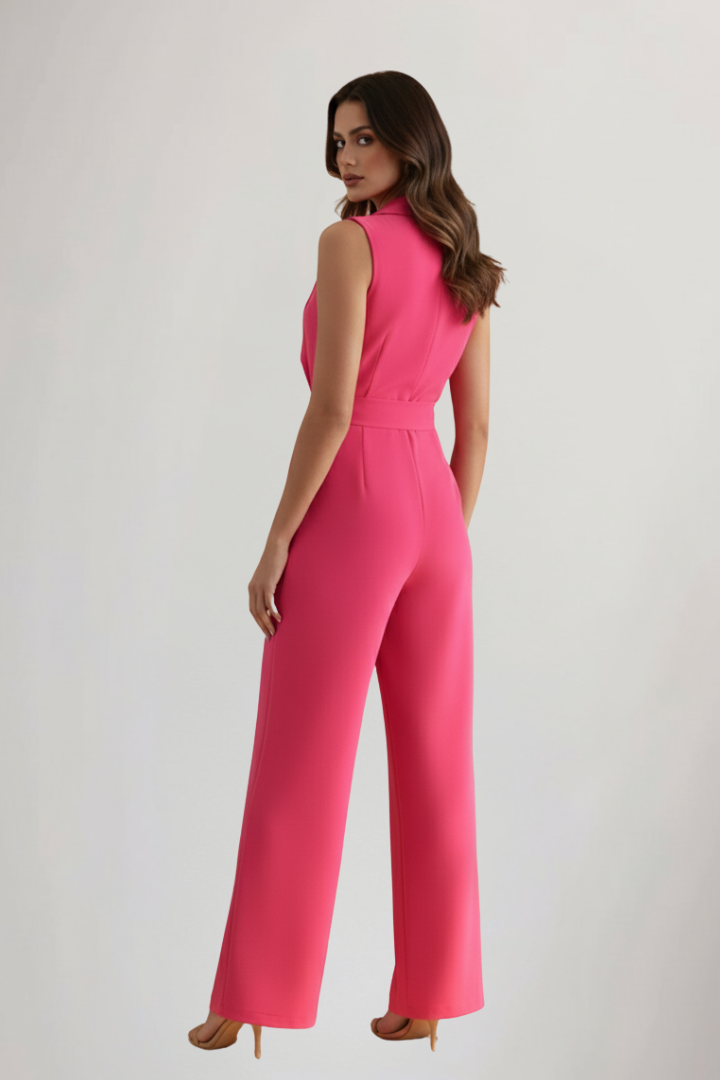 Women's Sleeveless Jumpsuit with V-Neck and Tie-Waist - 4