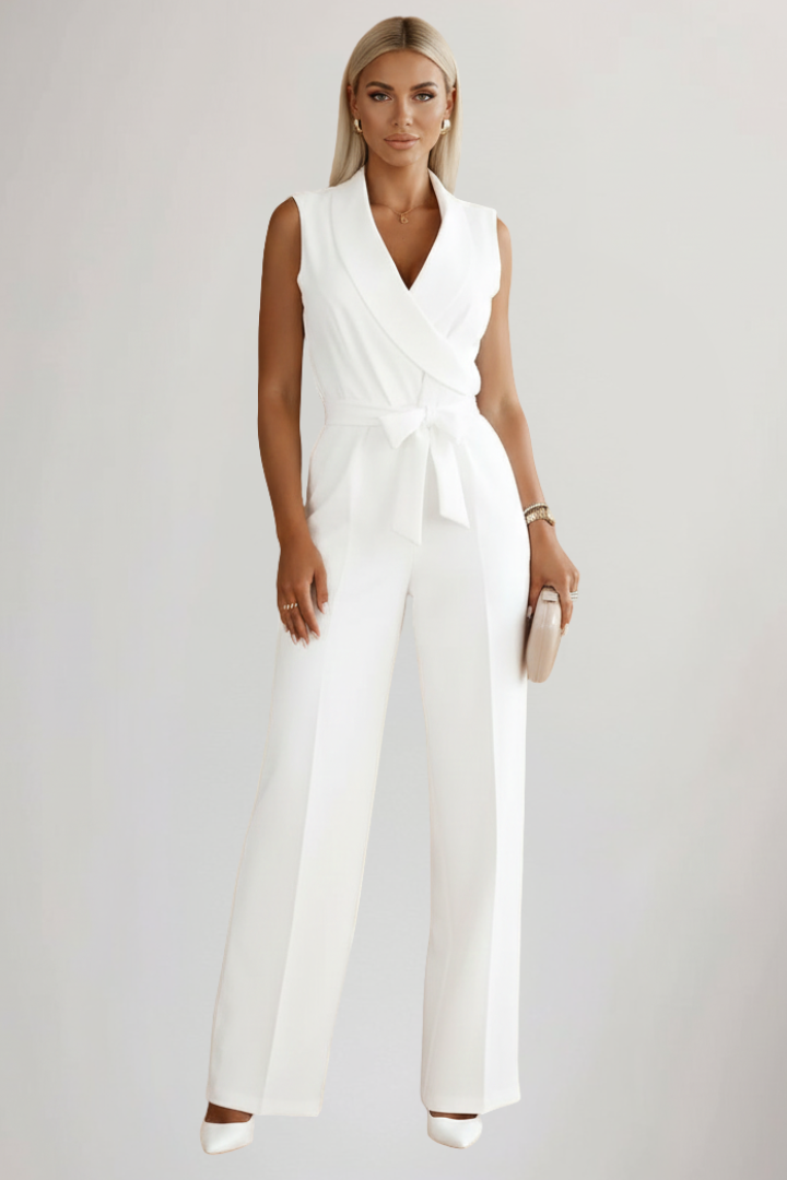 Women's Sleeveless Jumpsuit with V-Neck and Tie-Waist - White