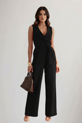 Women's Sleeveless Jumpsuit with V-Neck and Tie-Waist - Black