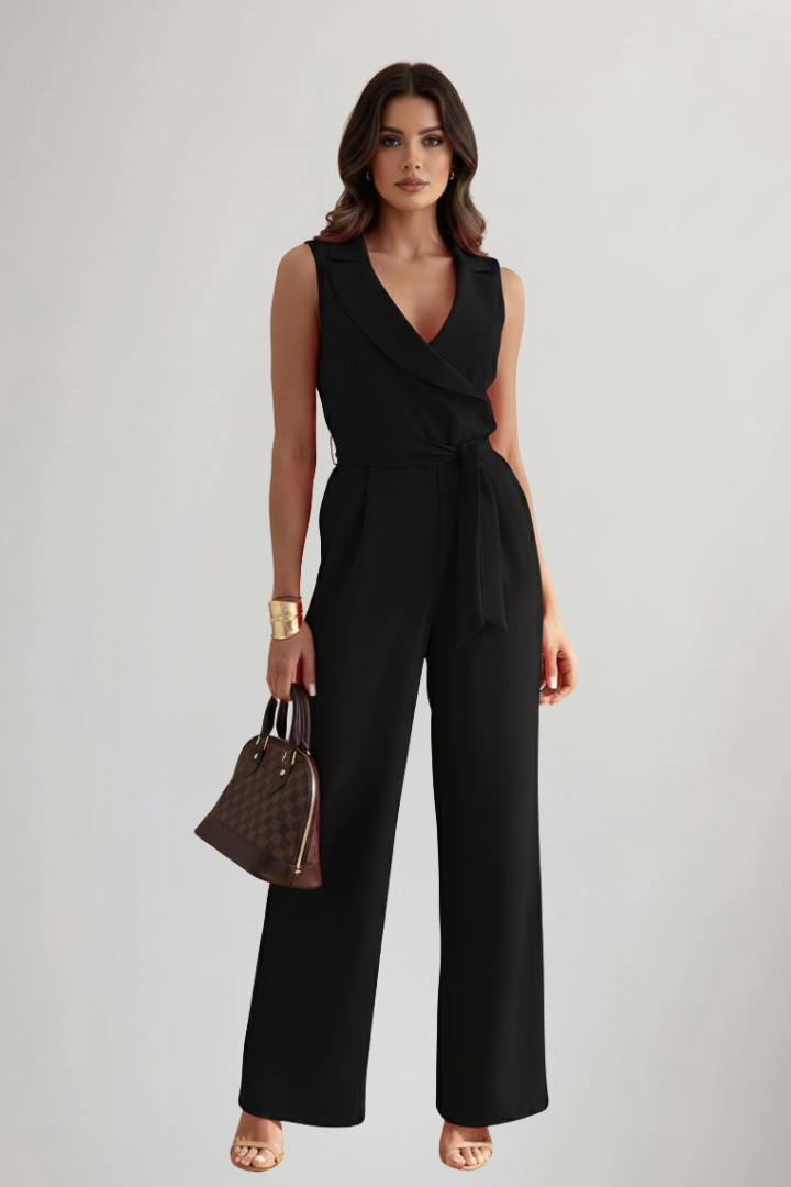 Women's Sleeveless Jumpsuit with V-Neck and Tie-Waist - Black