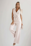 Women's Sleeveless Jumpsuit with V-Neck and Tie-Waist - Beige