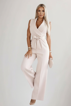 Women's Sleeveless Jumpsuit with V-Neck and Tie-Waist - Beige