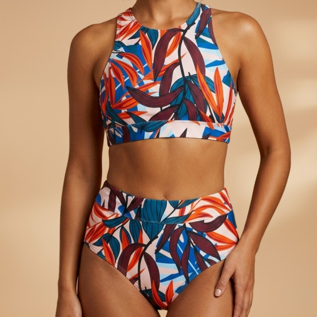 Women's High-Neck Bikini Set with Tropical Print and High-Waist Bottoms - 5