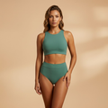 Women's High-Neck Bikini Set with Tropical Print and High-Waist Bottoms - Green