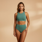 Women's High-Neck Bikini Set with Tropical Print and High-Waist Bottoms - Green