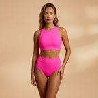 Women's High-Neck Bikini Set with Tropical Print and High-Waist Bottoms - Pink