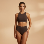 Women's High-Neck Bikini Set with Tropical Print and High-Waist Bottoms - Brown