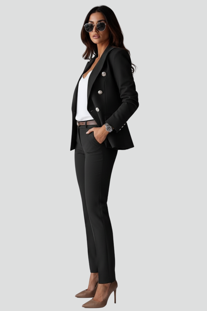 Women's Tailored Blazer and Trouser Set with Double-Breasted Buttons - 3
