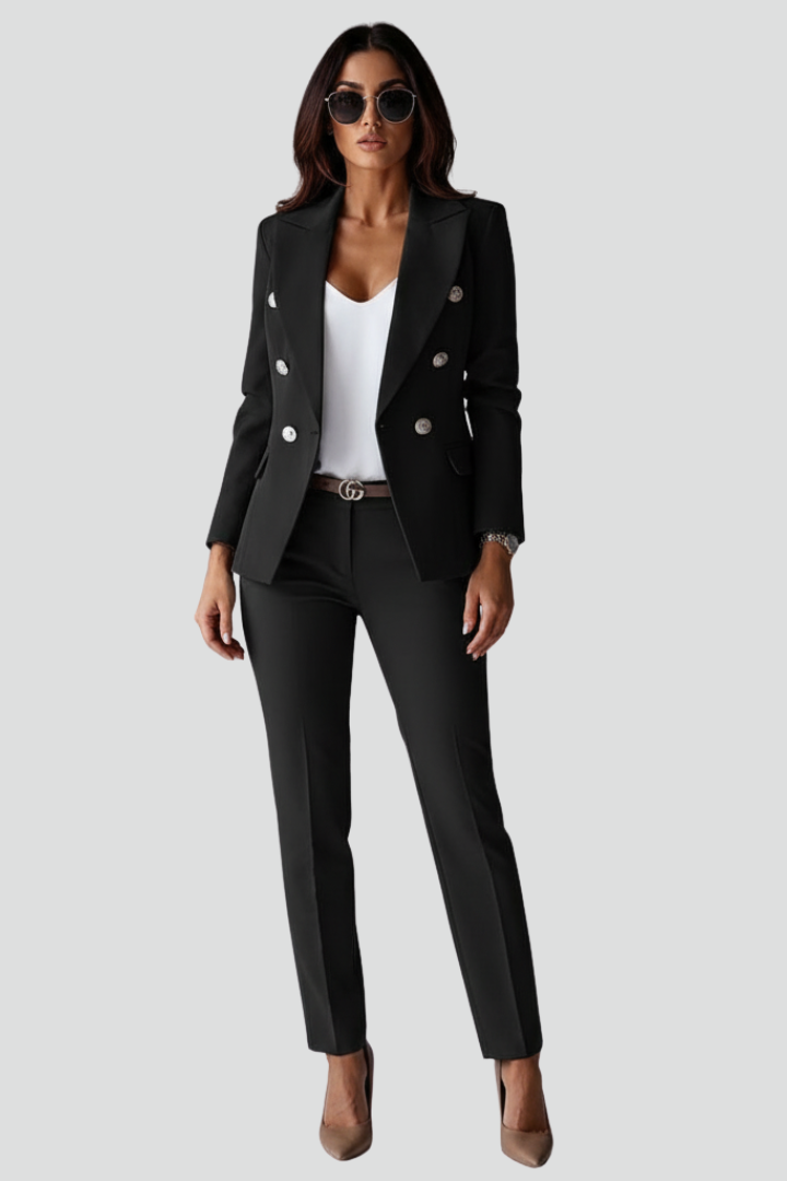 Women's Tailored Blazer and Trouser Set with Double-Breasted Buttons - Black