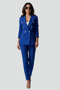 Women's Tailored Blazer and Trouser Set with Double-Breasted Buttons - Blue