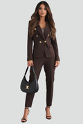 Women's Tailored Blazer and Trouser Set with Double-Breasted Buttons - Brown