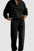Women Loungewear Set Zip-Up Collar Jumper with Relaxed Trousers - Black