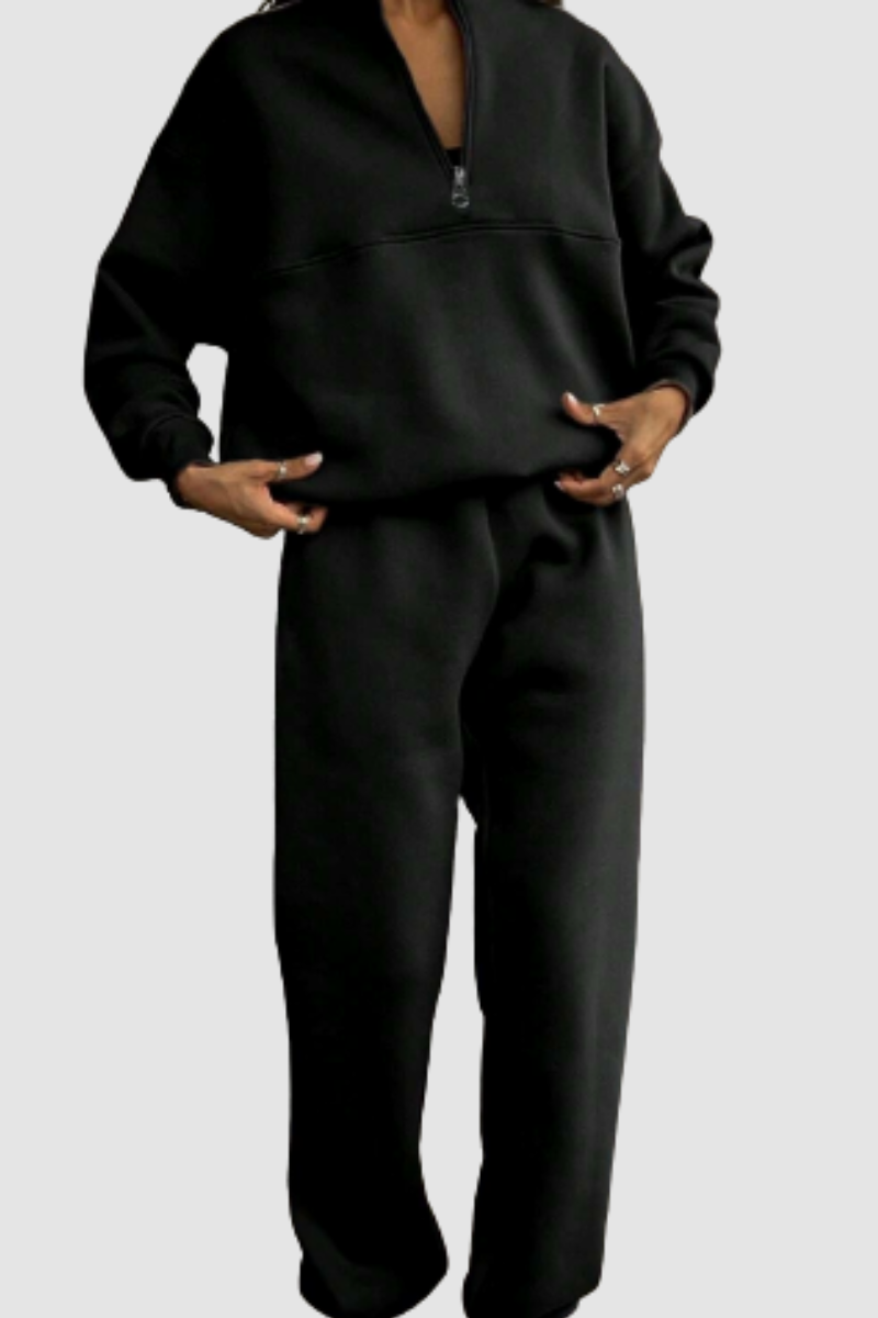 Women Loungewear Set Zip-Up Collar Jumper with Relaxed Trousers - Black