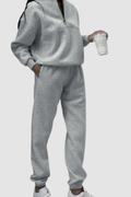 Women Loungewear Set Zip-Up Collar Jumper with Relaxed Trousers - Light Grey