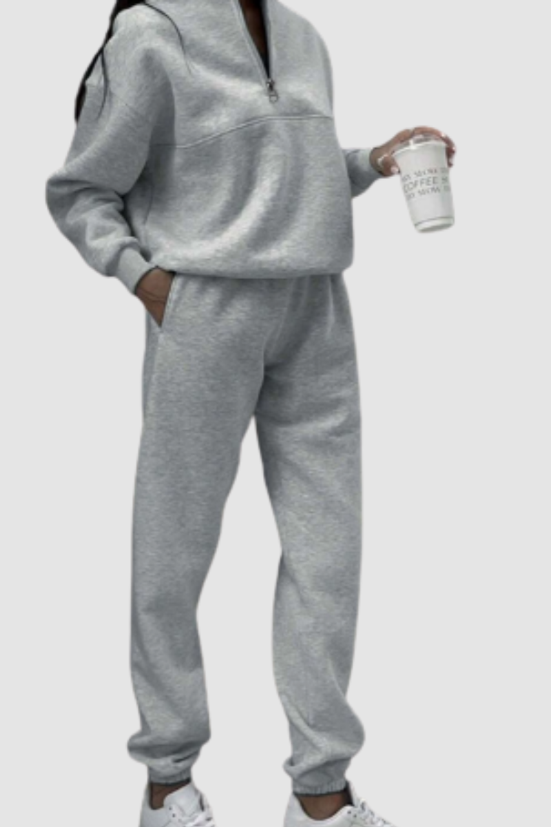 Women Loungewear Set Zip-Up Collar Jumper with Relaxed Trousers - Light Grey