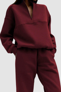 Women Loungewear Set Zip-Up Collar Jumper with Relaxed Trousers - Burgundy
