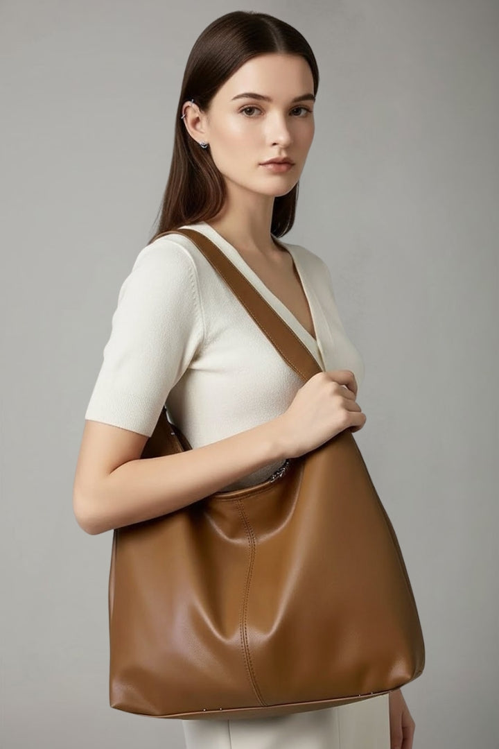 Maria | Women’s Classic Tote Bag with Faux Outer and Large Inner Pocket - Brown