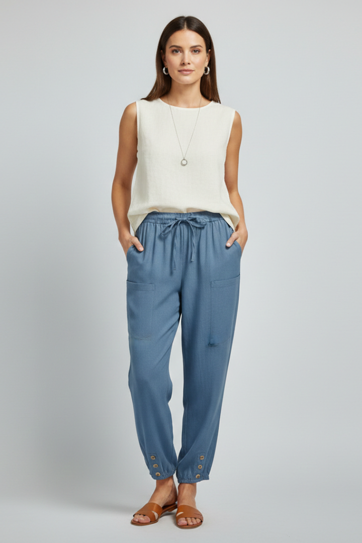 Women's Trousers with Drawstring Waist and Button Hem - Blue