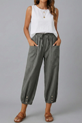 Women's Trousers with Drawstring Waist and Button Hem - Dark Grey