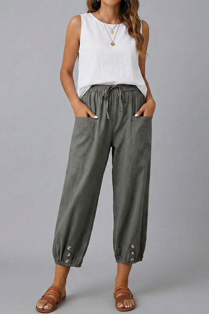 Women's Trousers with Drawstring Waist and Button Hem - Dark Grey