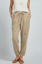 Women's Trousers with Drawstring Waist and Button Hem - Khaki