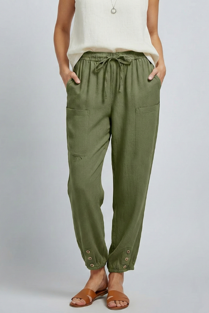 Women's Trousers with Drawstring Waist and Button Hem - Army Green