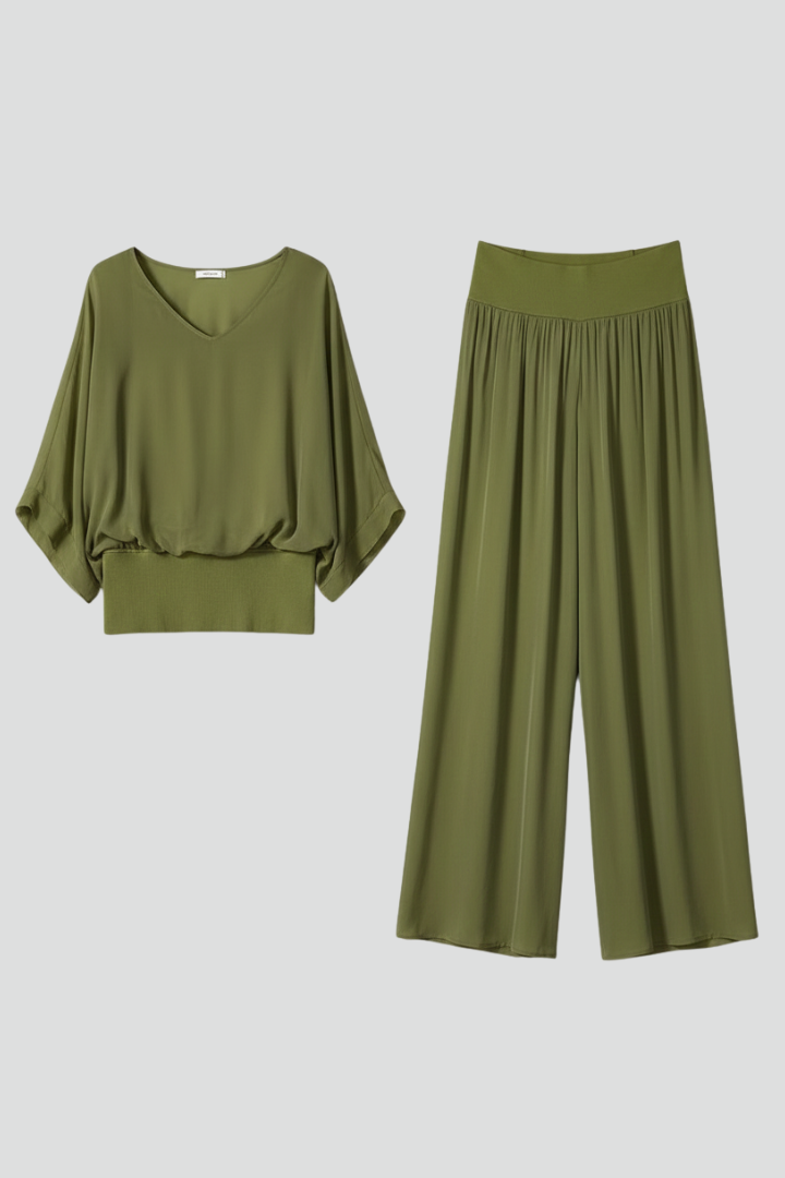 Women's Two-Piece Wide-Leg Set with Draped Top - 2