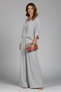 Women's Two-Piece Wide-Leg Set with Draped Top - Grey