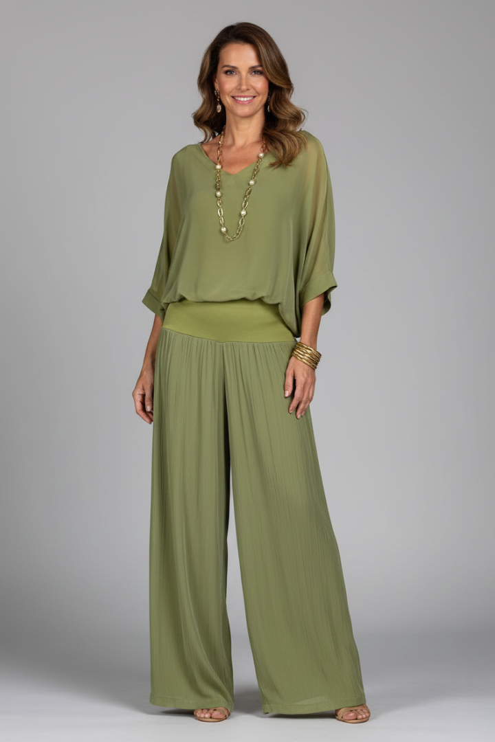 Women's Two-Piece Wide-Leg Set with Draped Top - Green