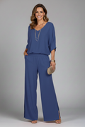 Women's Two-Piece Wide-Leg Set with Draped Top - Blue