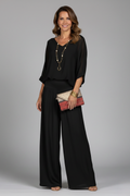 Women's Two-Piece Wide-Leg Set with Draped Top - Black