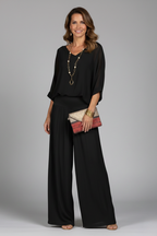 Women's Two-Piece Wide-Leg Set with Draped Top - Black