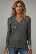 Women's Sequin Jumper V-Neck with Long Sleeves - Black