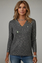 Women's Sequin Jumper V-Neck with Long Sleeves - Black