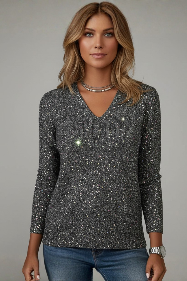 Women's Sequin Jumper V-Neck with Long Sleeves - Black