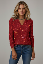 Women's Sequin Jumper V-Neck with Long Sleeves - Red