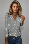 Women's Sequin Jumper V-Neck with Long Sleeves - Silver