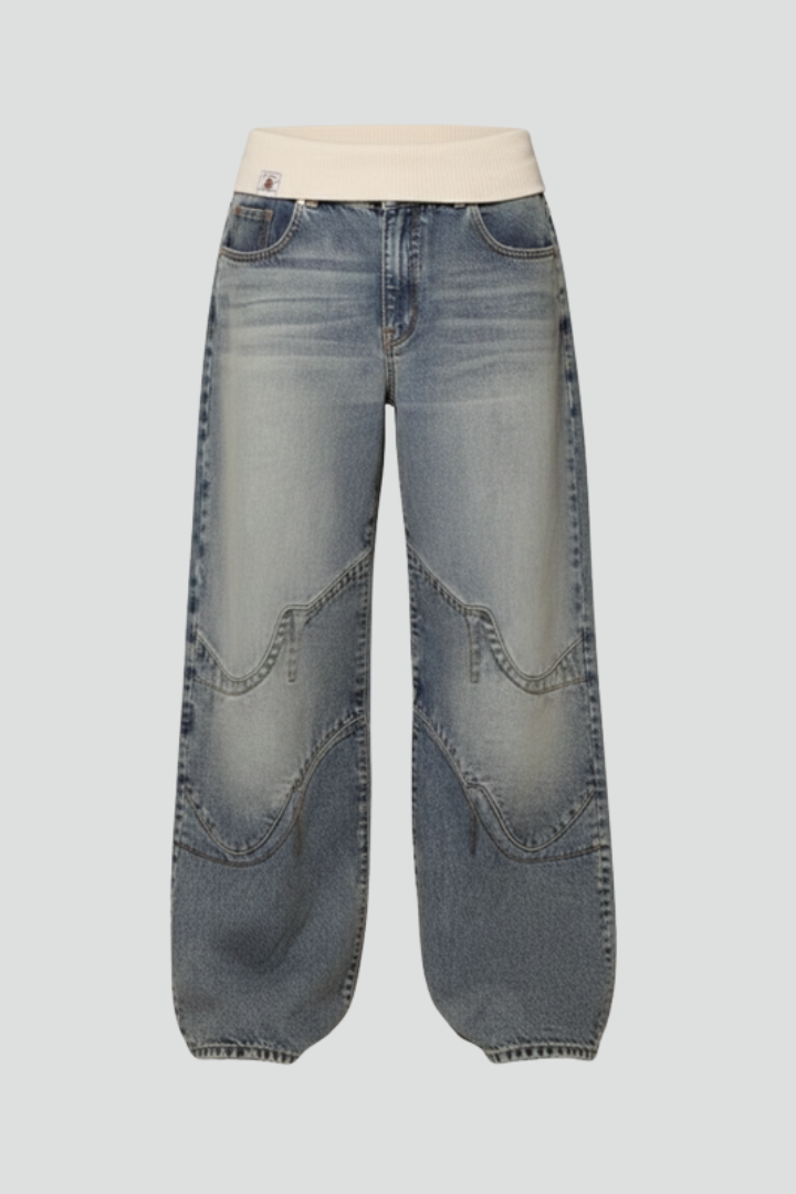 Women's Wide-Leg Baggy Denim Trousers with Curved Seam Detail