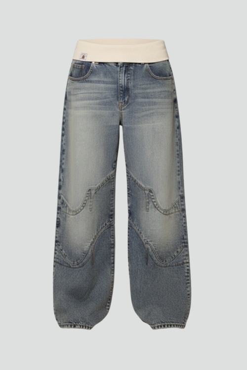 Women's Wide-Leg Baggy Denim Trousers with Curved Seam Detail