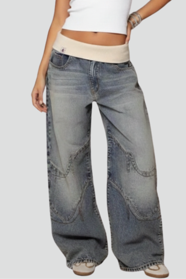 Women's Wide-Leg Baggy Denim Trousers with Curved Seam Detail - Light Blue