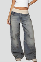 Women's Wide-Leg Baggy Denim Trousers with Curved Seam Detail - Light Blue