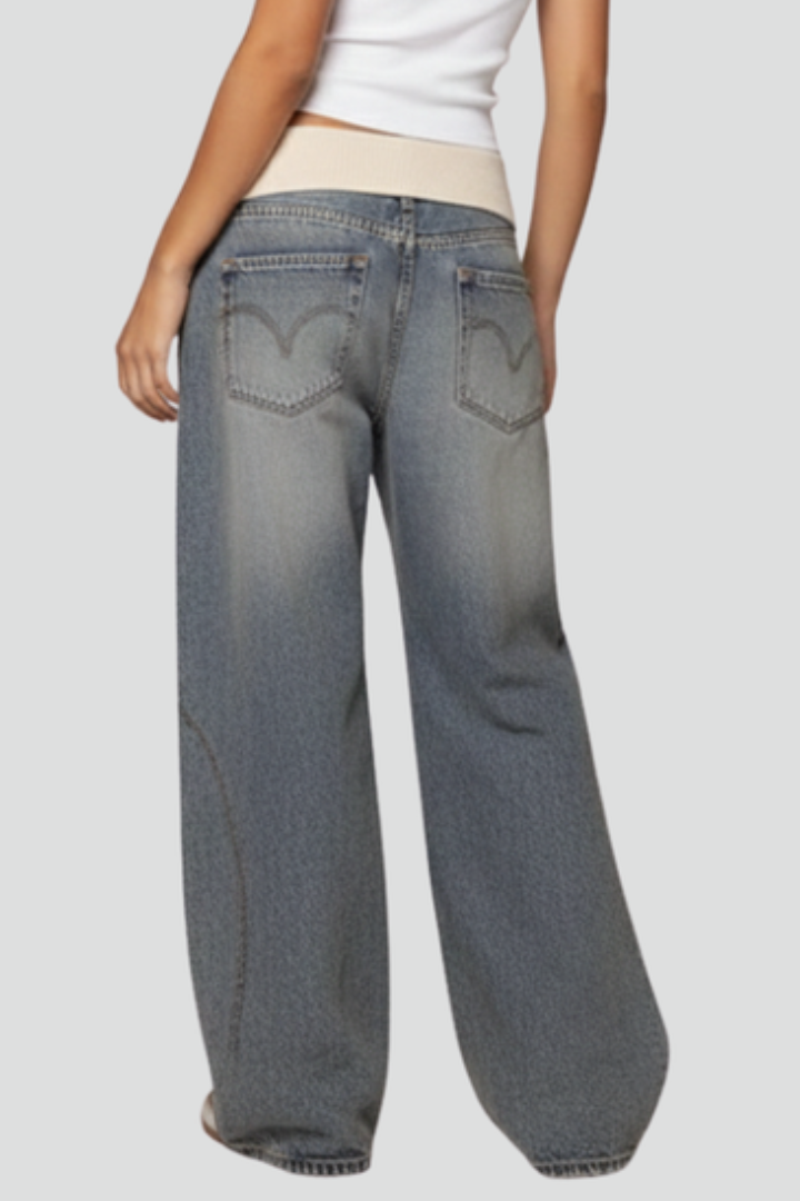 Women's Wide-Leg Baggy Denim Trousers with Curved Seam Detail - 3
