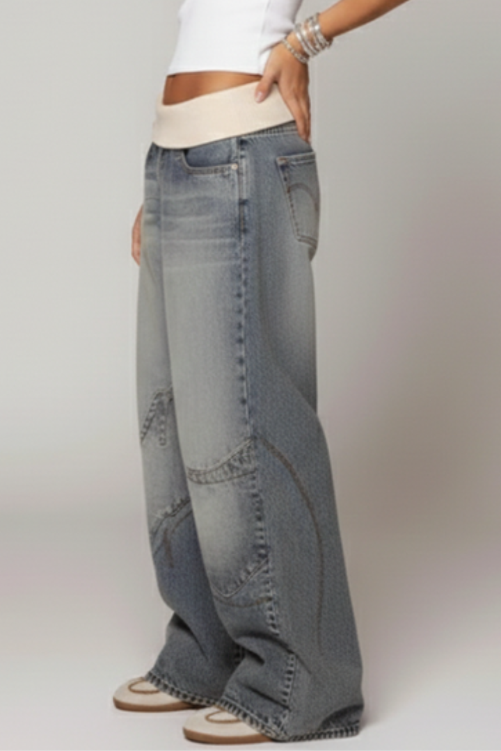Women's Wide-Leg Baggy Denim Trousers with Curved Seam Detail - 4