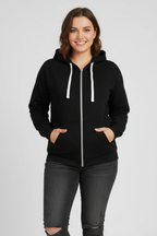 Women's Zip Hoodie with Drawstring Hood and Front Pockets - Black