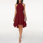 Women's Halter Dress Sleeveless with Ruffle Hem and Flared Skirt - 3