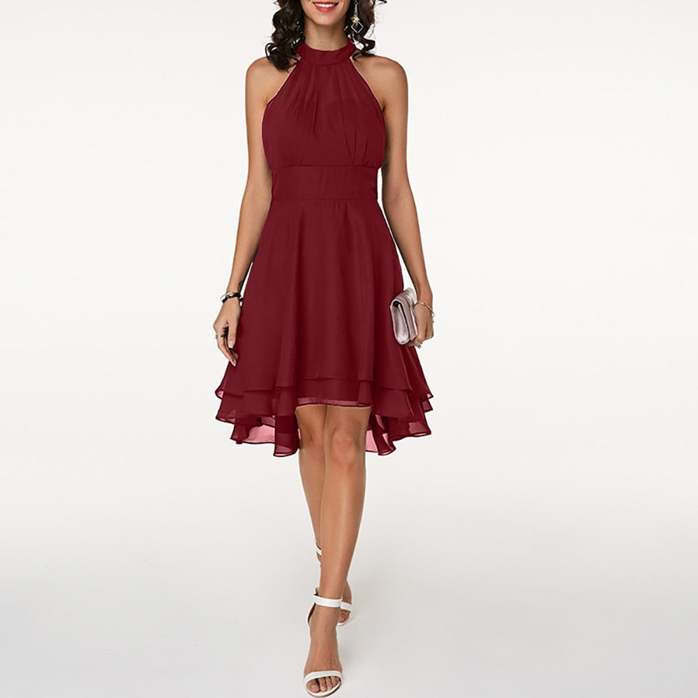 Women's Halter Dress Sleeveless with Ruffle Hem and Flared Skirt - 3