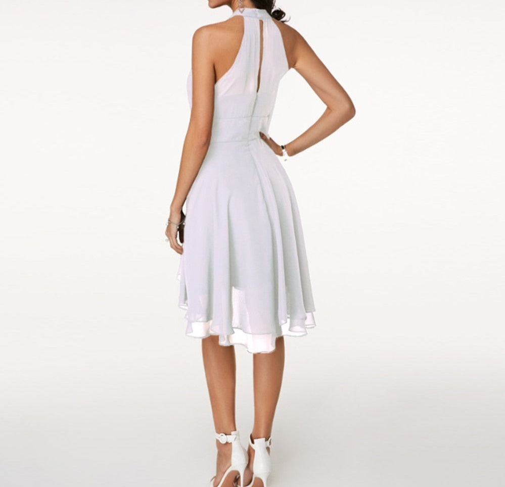 Women's Halter Dress Sleeveless with Ruffle Hem and Flared Skirt - 15