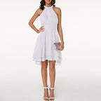 Women's Halter Dress Sleeveless with Ruffle Hem and Flared Skirt - 16