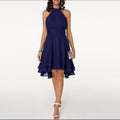 Women's Halter Dress Sleeveless with Ruffle Hem and Flared Skirt - Navy