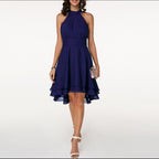 Women's Halter Dress Sleeveless with Ruffle Hem and Flared Skirt - Navy